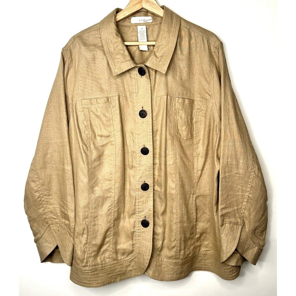 Lucy & Laurel Womens Shirt 100% Linen Button Up Top Collared Beige Size 3X